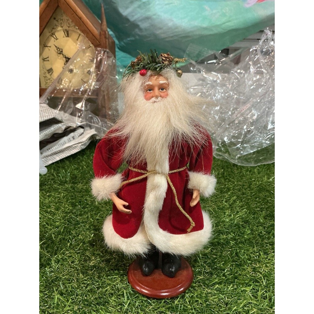 Father Christmas Santa Figure Burgundy Velvet Robe Wreath Crown 8” Holiday Decor